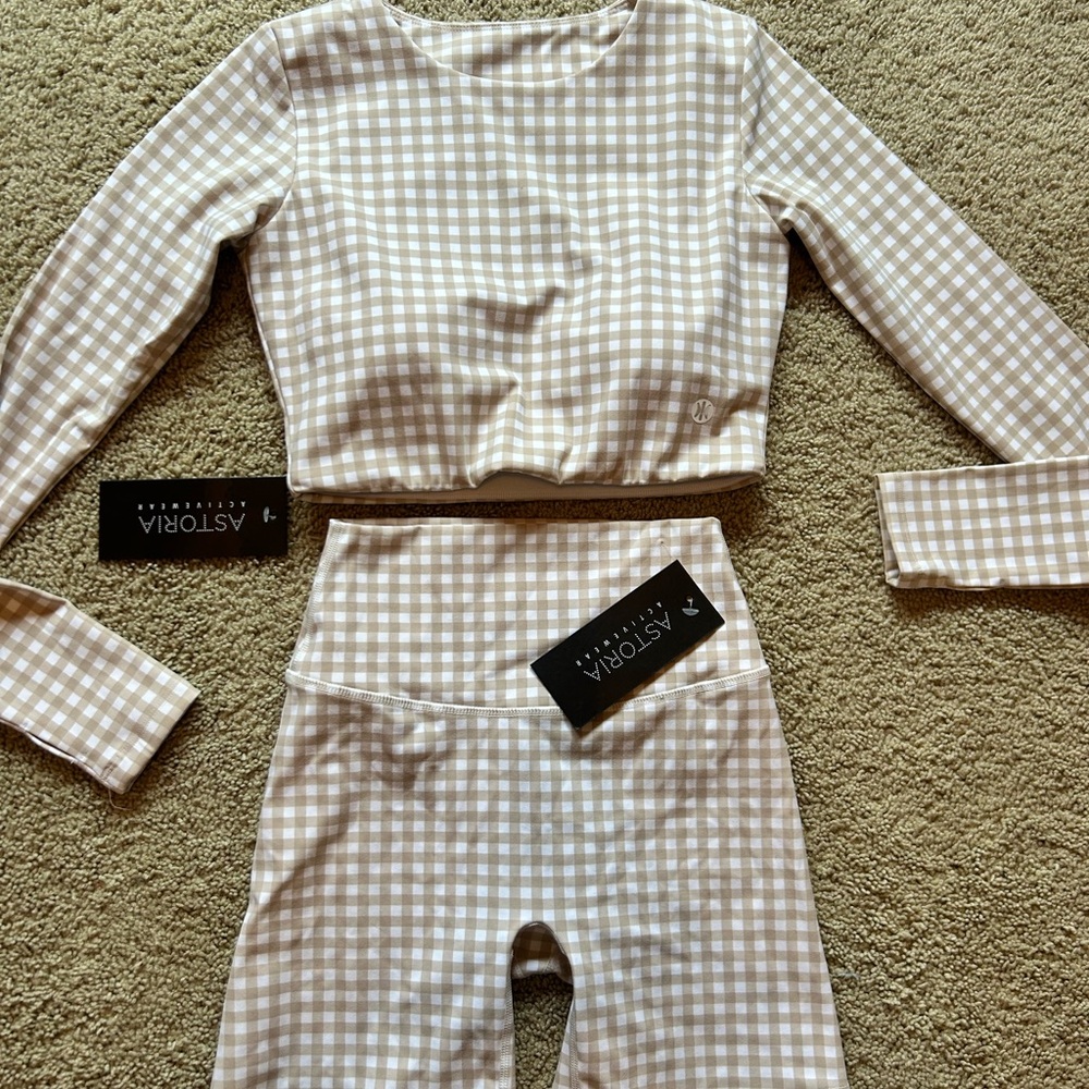 Astoria Activewear tan gingham workout shorts set